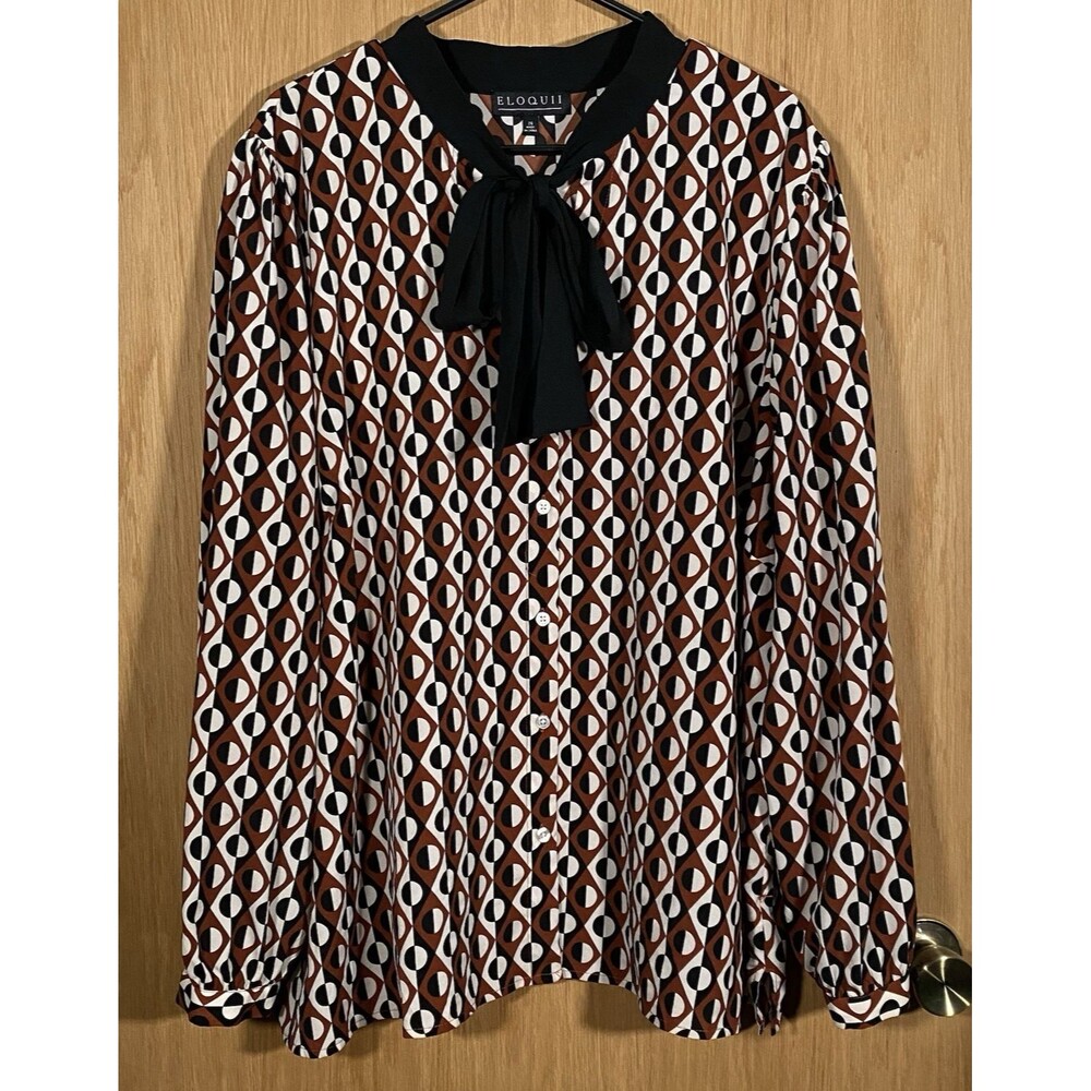 Eloquii Women's 4X Top Button Down All Over Print Geometric Career Lightweight